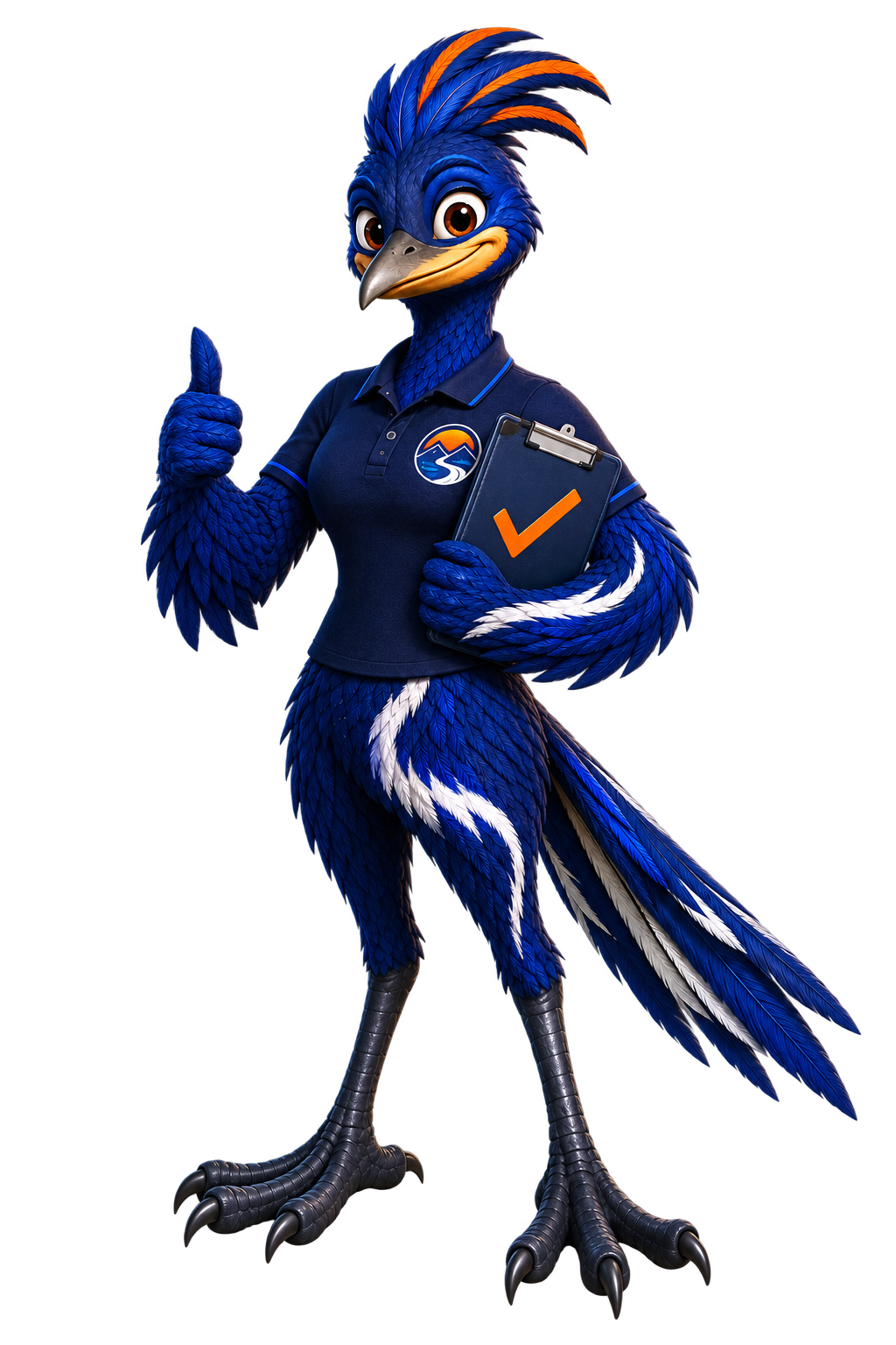 Rio, CRC’s blue roadrunner mascot, giving a thumbs-up